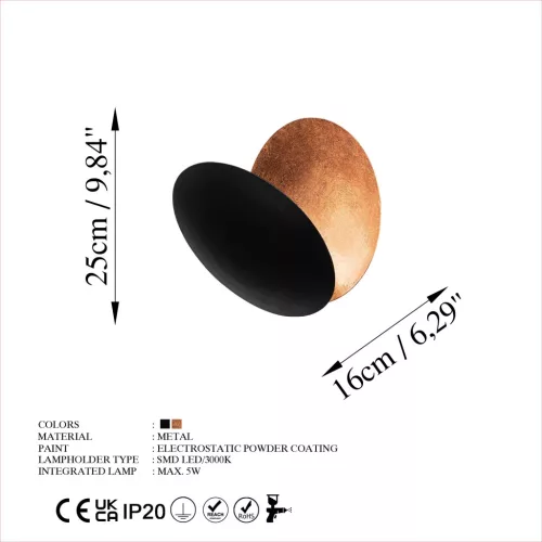 Moon fali lámpa, fekete-arany