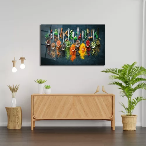 Edzett üveg fali dekoráció, fűszerek, 46x72 cm