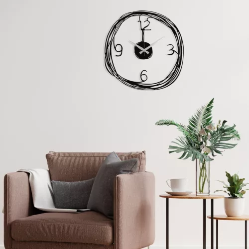 Dekoratív fém falióra, modern, fekete, 48 cm