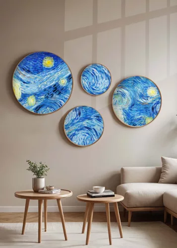 Dekoratív kerek MDF festmény, 4 darab, csillagos éj