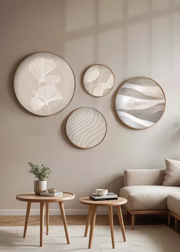 Dekoratív kerek MDF festmény, 4 darab, bézs