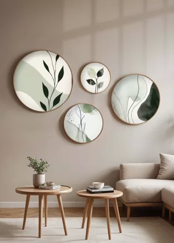 Dekoratív kerek MDF festmény, 4 darab, levelek