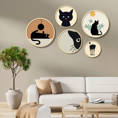 Dekoratív kerek MDF Festmény, 5 Darab, cicák