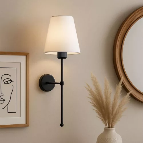 Fali lámpa szövet búrával, fekete-bézs