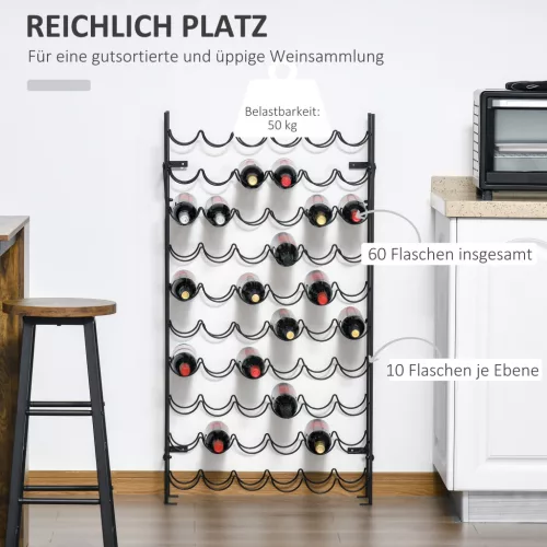 HOMCOM bortartó 60 palack számára, falra szerelhető fém palacktartó, elegáns fekete