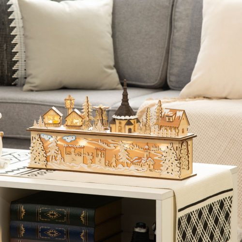 HOMCOM Karácsonyi dekoráció havas karácsonyi falu 10 LED-del megvilágított téli táj asztali