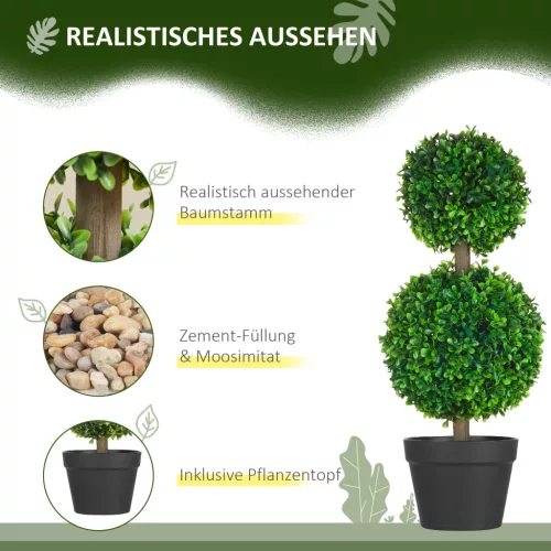 HOMCOM Mesterséges Növények 2 db-os Szett Buxus 60 cm UV-álló Mesterséges Növény Dupla