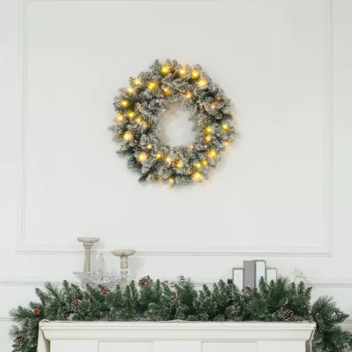 Karácsonyi koszorú LED világítással, piros bogyós gyümölcsök, valósághű megjelenés,