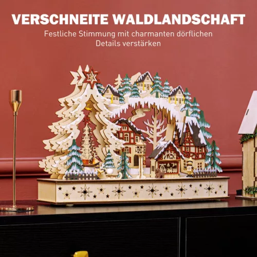 HOMCOM Karácsonyi falu LED téli tájjal, erdei jelenettel, karácsonyi házakkal, játszó