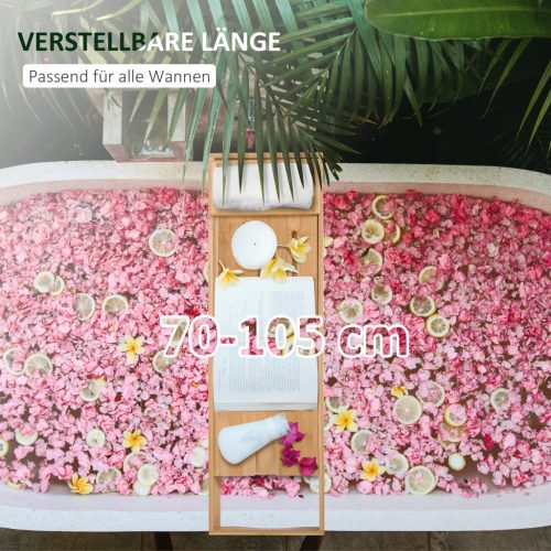 HOMCOM Bambusz fürdőkád tálca, állítható fürdőkád híd 70-105x21,8x5cm természetes