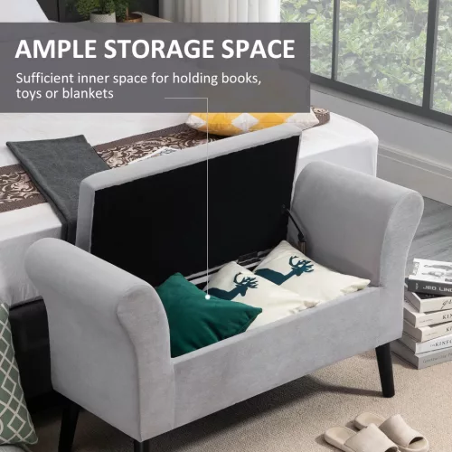 HOMCOM világosszürke ülőpad tárolóval, bársony-poliészter, gumi fa, modern előszobába és