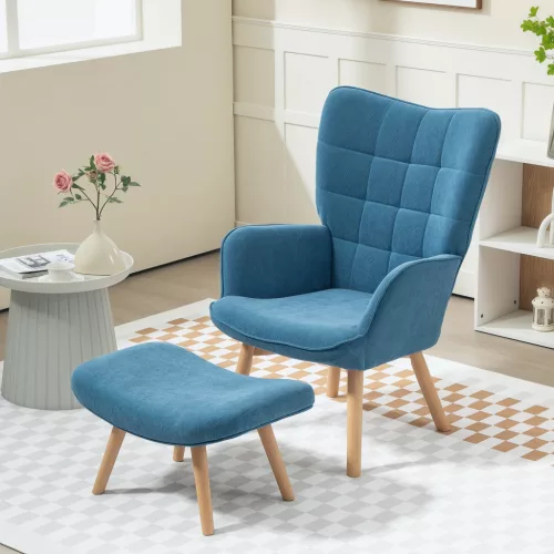 HOMCOM Sessel mit Hocker, Ohrensessel mit Hoher Rückenlehne, Holzbeine, Loungesessel mit getuftetem