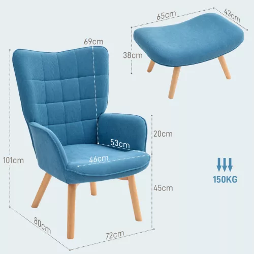 HOMCOM Sessel mit Hocker, Ohrensessel mit Hoher Rückenlehne, Holzbeine, Loungesessel mit getuftetem