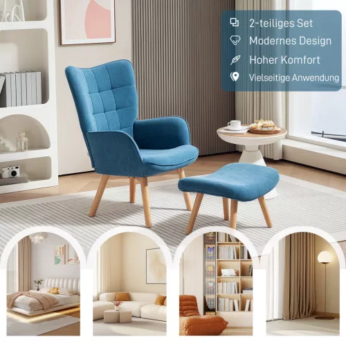 HOMCOM Sessel mit Hocker, Ohrensessel mit Hoher Rückenlehne, Holzbeine, Loungesessel mit getuftetem