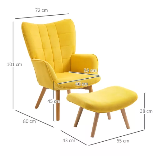 HOMCOM Relaxációs fotel, lounge szék, füles fotel sárga színben, lábtartóval, karosszék fa