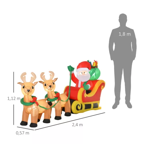 Önfelfújó mikulás rénszarvasokkal, LED világítással, felfújóval, 240 cm hosszú