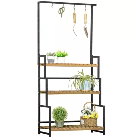   3 szintes polcos viráglépcső rögzítőkampókkal, natúr fa 80cm x 36cm x 174cm