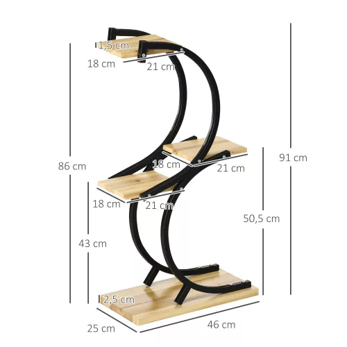 4 szintes S formájú viráglépcső, növényállvány fém kerettel, fekete 46cm x 25cm x 91cm
