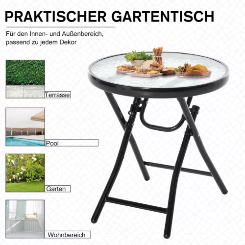 Outsunny Runder Beistelltisch Klapptisch Gartentisch mit Glasplatte Ø45cm aus Metall Schwarz für