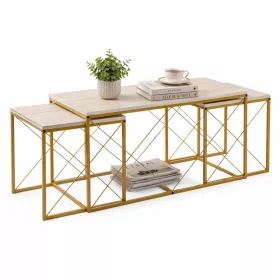   Dohányzóasztal szett, 3 darabos, travertin, arany, modern stílus