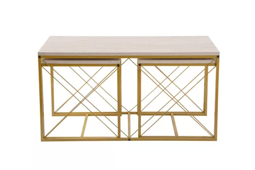 Dohányzóasztal szett, 3 darabos, travertin, arany, modern stílus