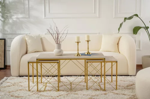 Dohányzóasztal szett, 3 darabos, travertin, arany, modern stílus