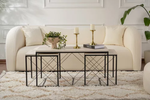 Dohányzóasztal szett, 3 darabos, travertin, fekete, modern stílusú