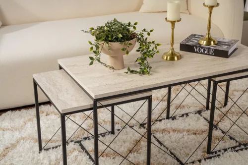 Dohányzóasztal szett, 3 darabos, travertin, fekete, modern stílusú