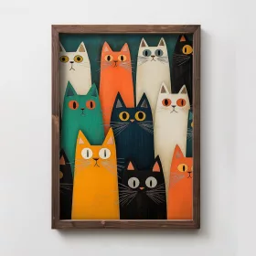 Dekoratív keretes MDF festmény, színes macskák
