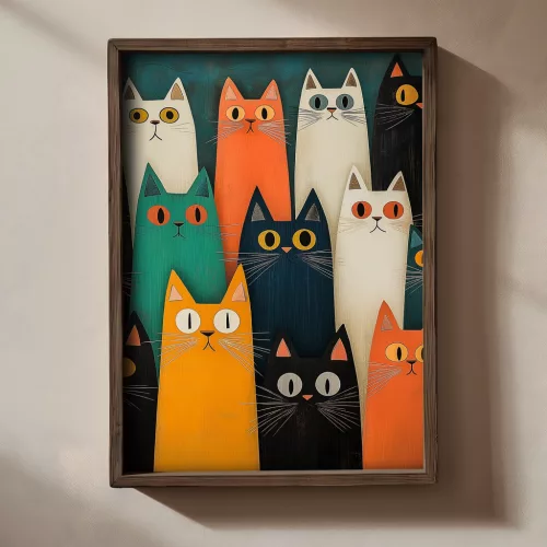 Dekoratív keretes MDF festmény, színes macskák