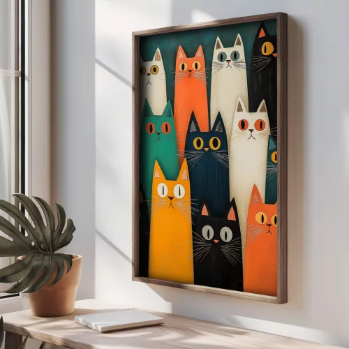 Dekoratív keretes MDF festmény, színes macskák