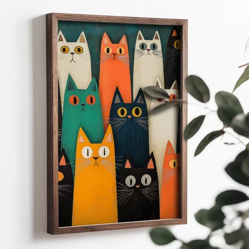 Dekoratív keretes MDF festmény, színes macskák