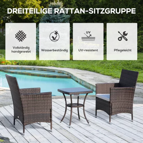 Rattan kerti bútor garnitúra, kisasztalos bisztró garnitúra 3 részes, barna