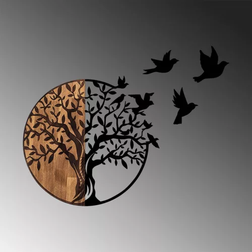 Dekoratív fa falikiegészítő, fekete, fák és madarak, 92 x 71 cm