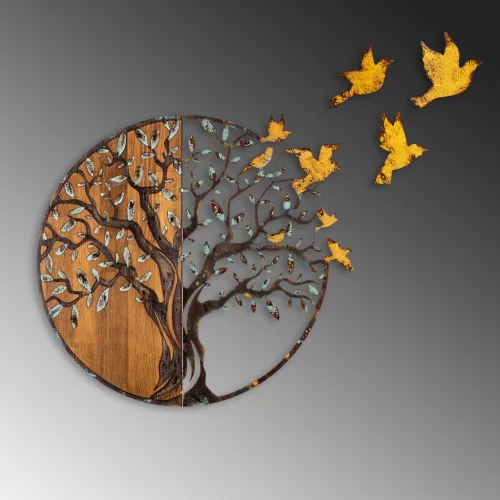 Dekoratív fa falikiegészítő, arany, fák és madarak, 92 x 71 cm