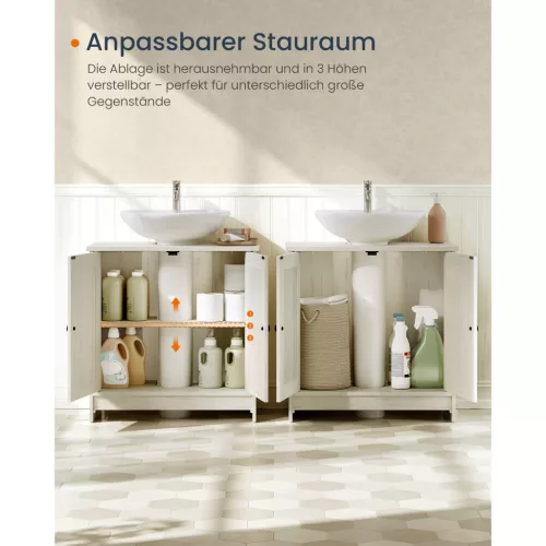 Mosdó alatti fürdőszoba szekrény, állítható polccal, rusztikus fehér