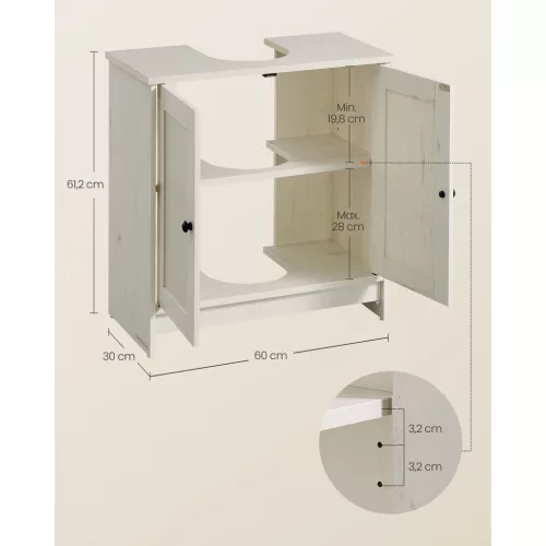 Mosdó alatti fürdőszoba szekrény, állítható polccal, rusztikus fehér