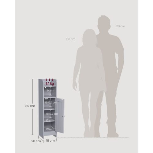 VASAGLE Keskeny fürdőszobai padlón álló tárolószekrény ajtóval és polcokkal, szabadon