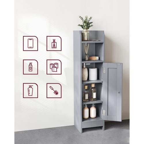 VASAGLE Keskeny fürdőszobai padlón álló tárolószekrény ajtóval és polcokkal, szabadon