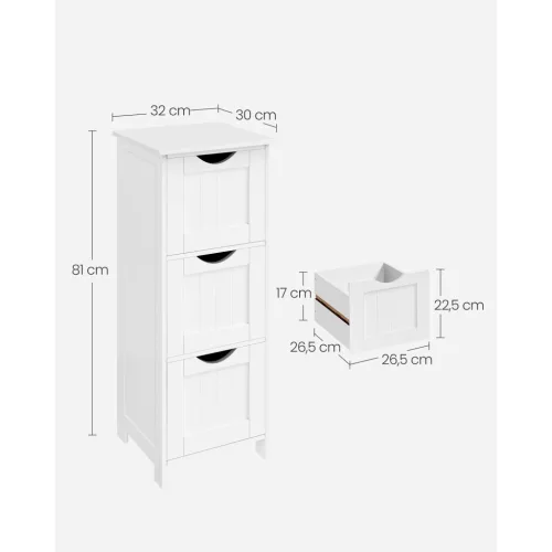 VASAGLE Fürdőszobai Padlószekrény, Keskeny Tárolóegység 3 Fiókkal, 32 x 30 x 81