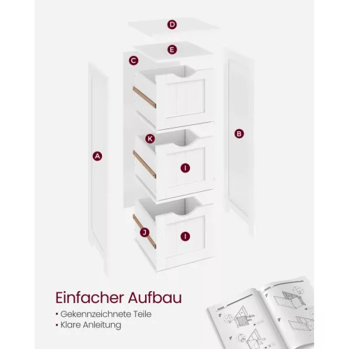 VASAGLE Fürdőszobai Padlószekrény, Keskeny Tárolóegység 3 Fiókkal, 32 x 30 x 81