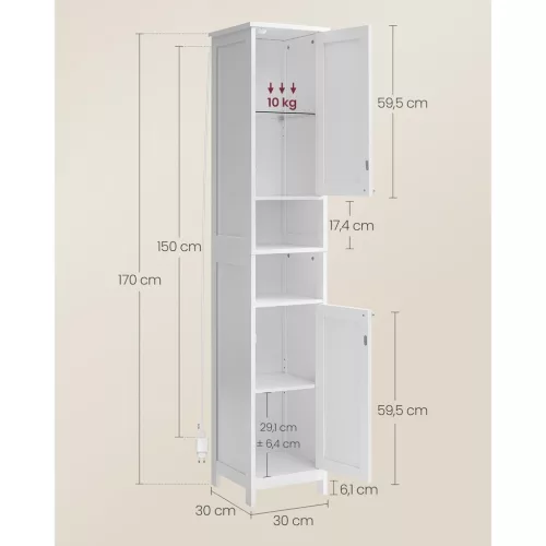 Magas, keskeny fürdőszoba szekrény, nyitott polcokkal, felhőfehér 40 x 30 x 180 cm