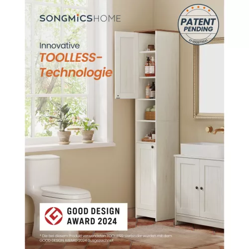 Fürdőszoba szekrény, állítható polcokkal, keskeny, vintage fehér