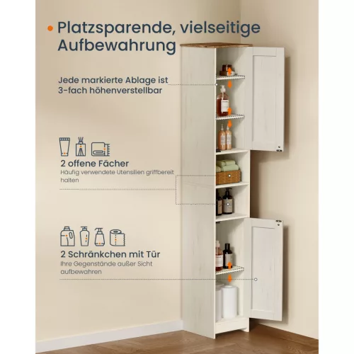 Fürdőszoba szekrény, állítható polcokkal, keskeny, vintage fehér