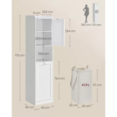 Fürdőszobai torony szekrény, mosókosárral, felhőfehér 40x40x170cm