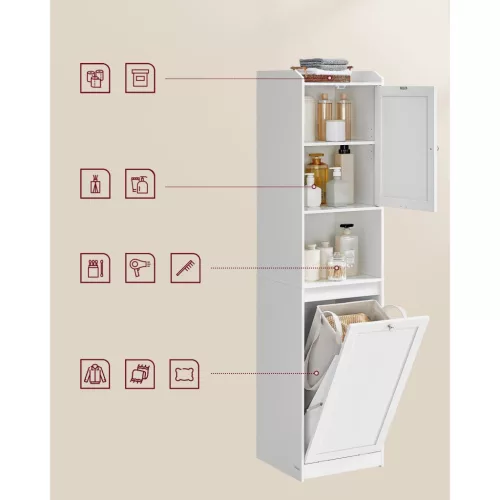 Fürdőszobai torony szekrény, mosókosárral, felhőfehér 40x40x170cm