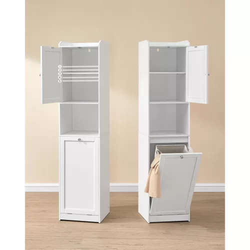 Fürdőszobai torony szekrény, mosókosárral, felhőfehér 40x40x170cm