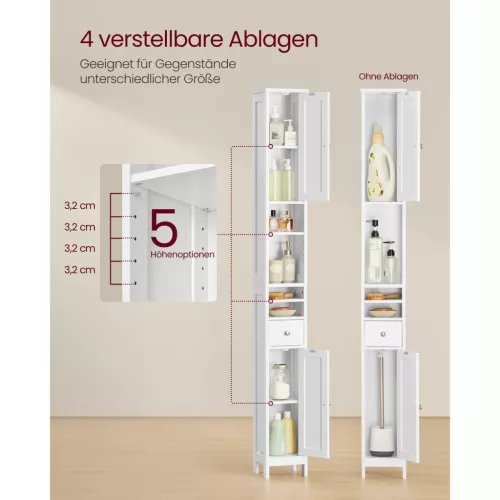 Magas fürdőszoba szekrény, keskeny tároló szekrény, állítható polcokkal