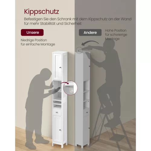 Magas fürdőszoba szekrény, keskeny tároló szekrény, állítható polcokkal