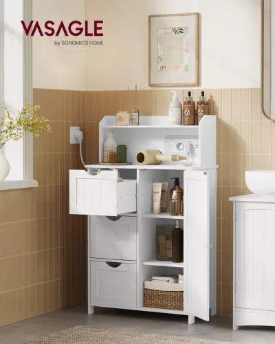 Fürdőszoba szekrény, ajtós, fiókos, állítható polccal, felhőfehér 30 x 60 x 100 cm